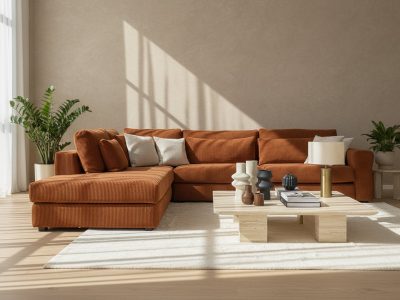 Canapé d’angle terracotta en velours côtelé – Riny