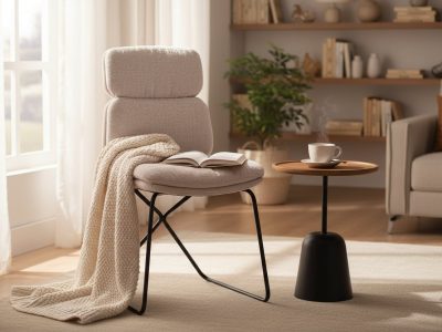 Chaise beige bouclette pieds métal - Keola