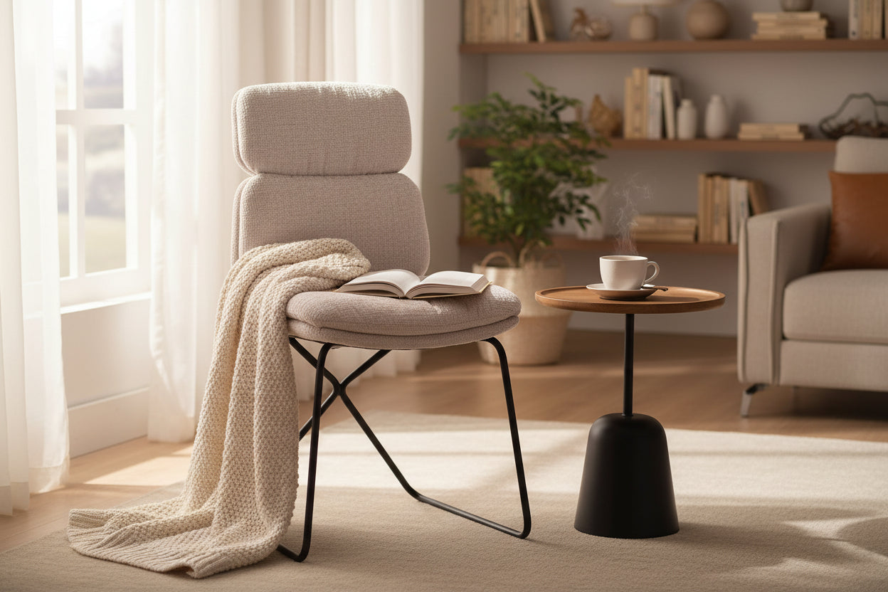 Chaise beige bouclette pieds métal - Keola