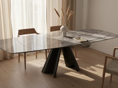Table extensible céramique 6 mm pied central Atlas Akante – 190 à 270 cm