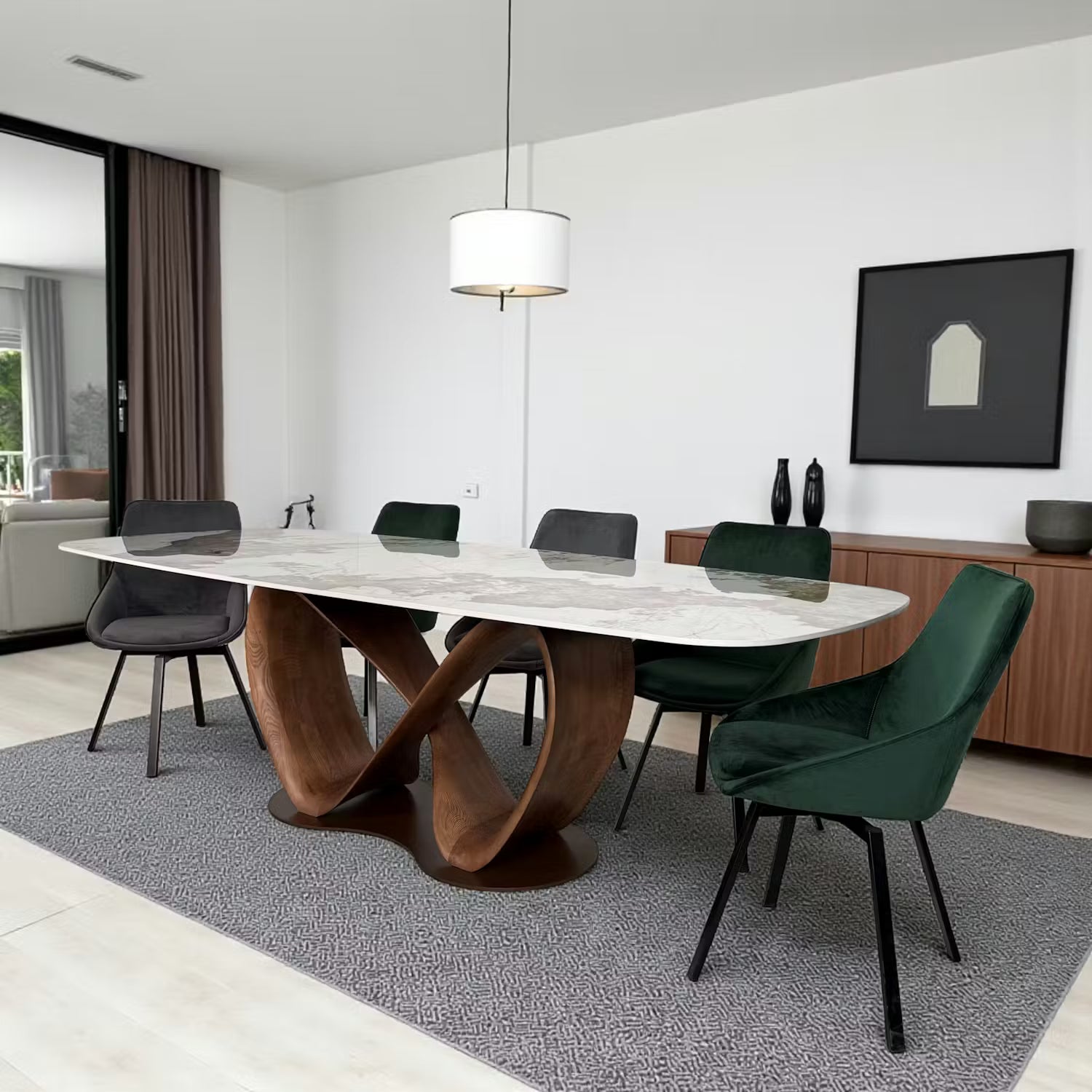 Table céramique pleine masse calacatta brillant pieds bois Lyra – 220 à 260 cm